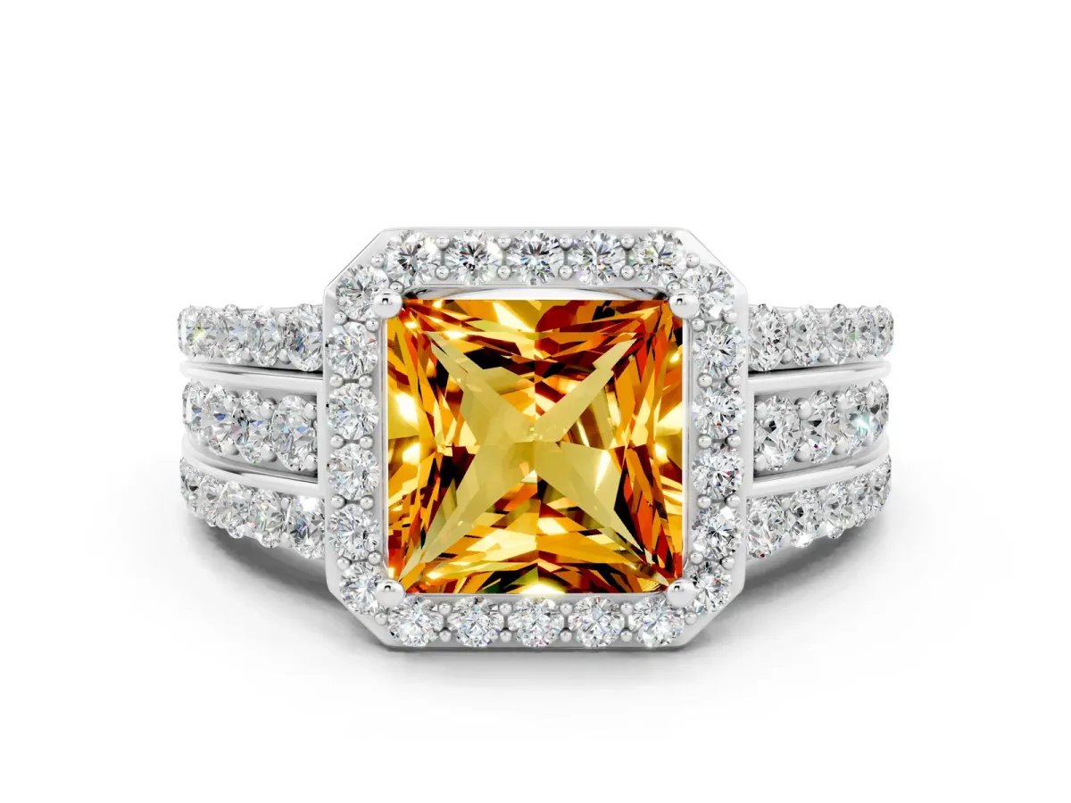 Princess Cut Halo Citrine Ring with Round Split Shank and Prong Setting Platinum