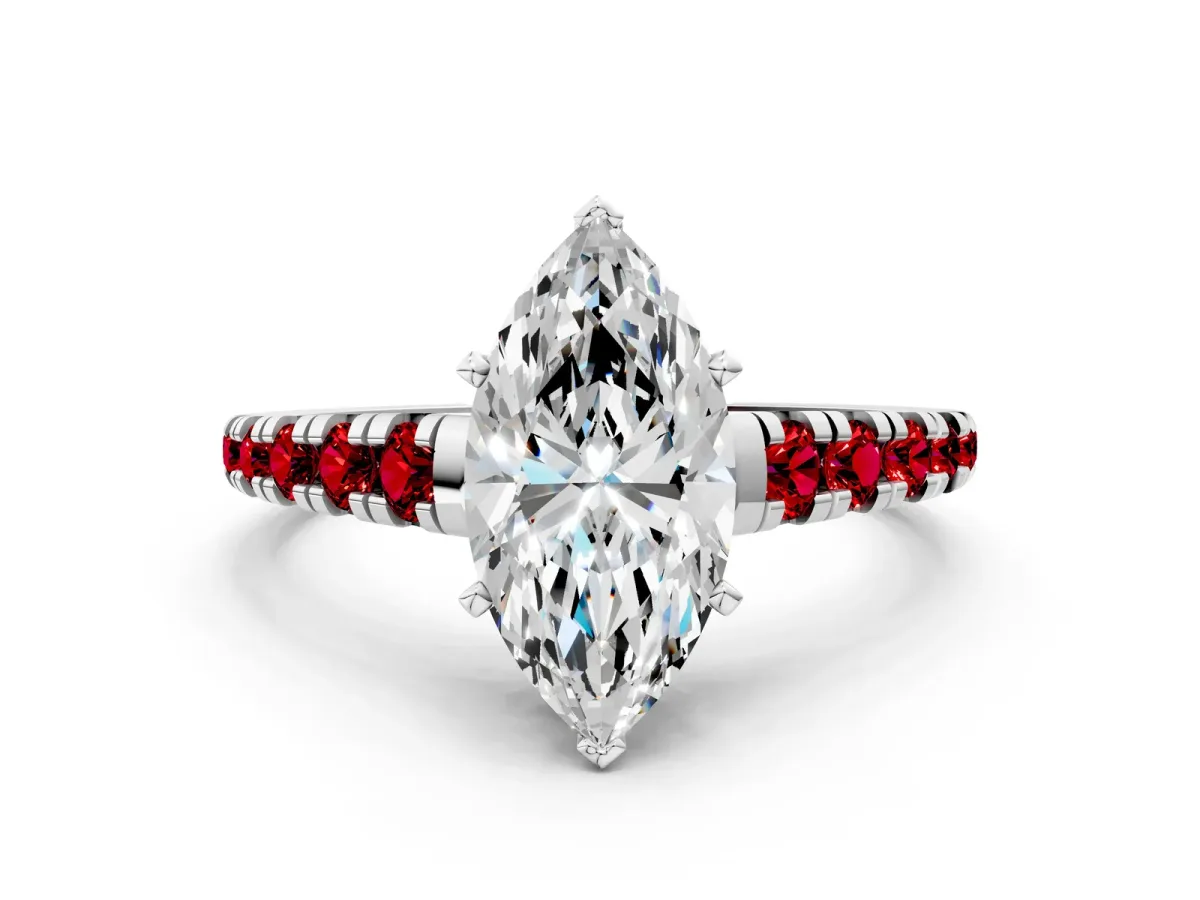 Marquise Cut Diamond Cathedral Solitaire Ring with Round Ruby Pavé Band White gold