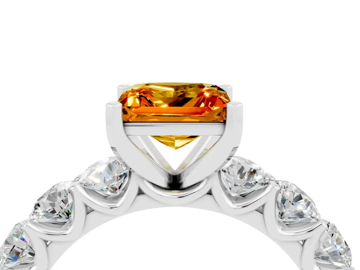 Princess Cut Citrine Prong Setting with Side Stones on a Pave Band Silver