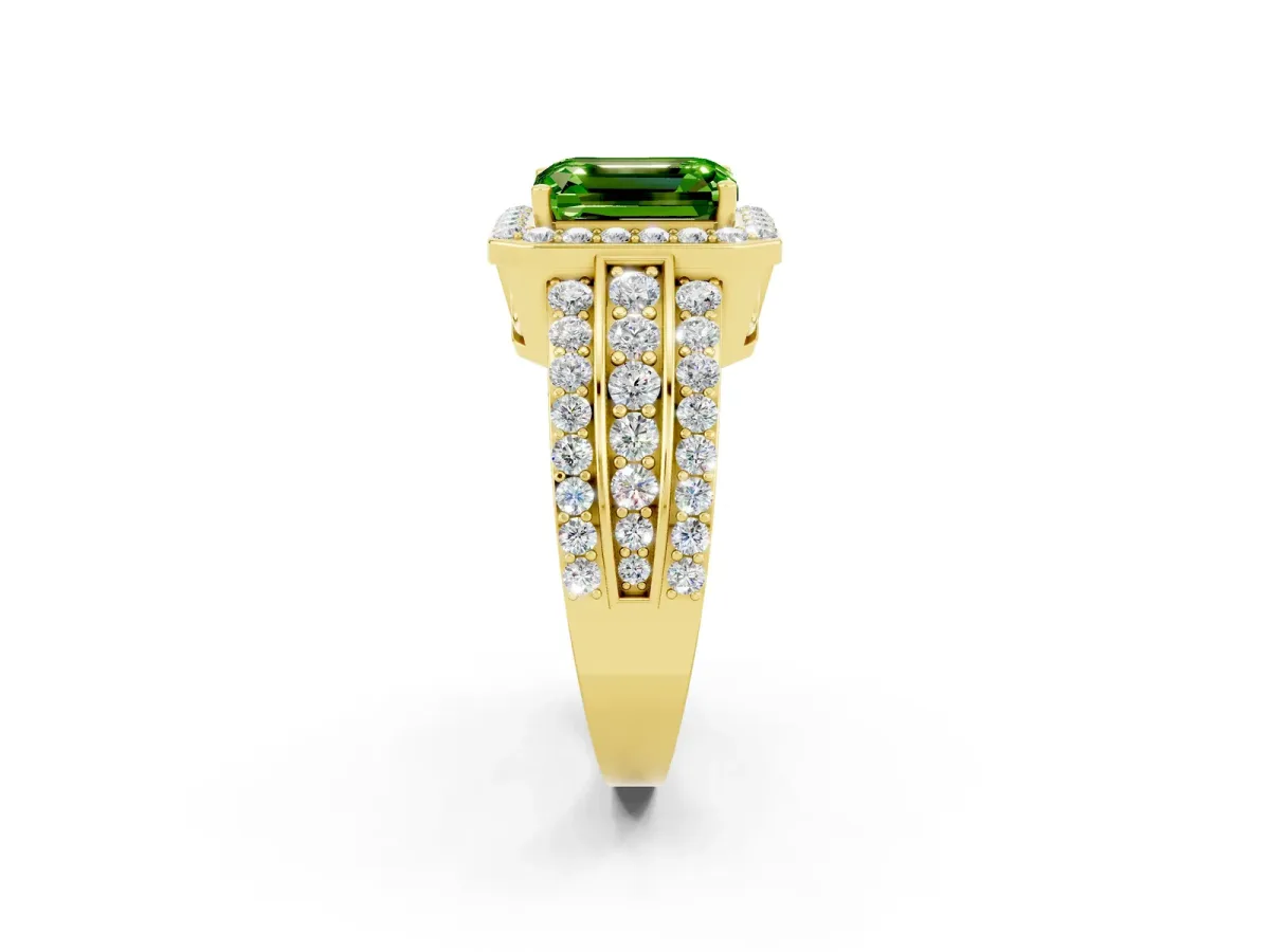 Emerald Cut Halo Peridot Ring with Round Split Shank and Prong Setting Yellow gold