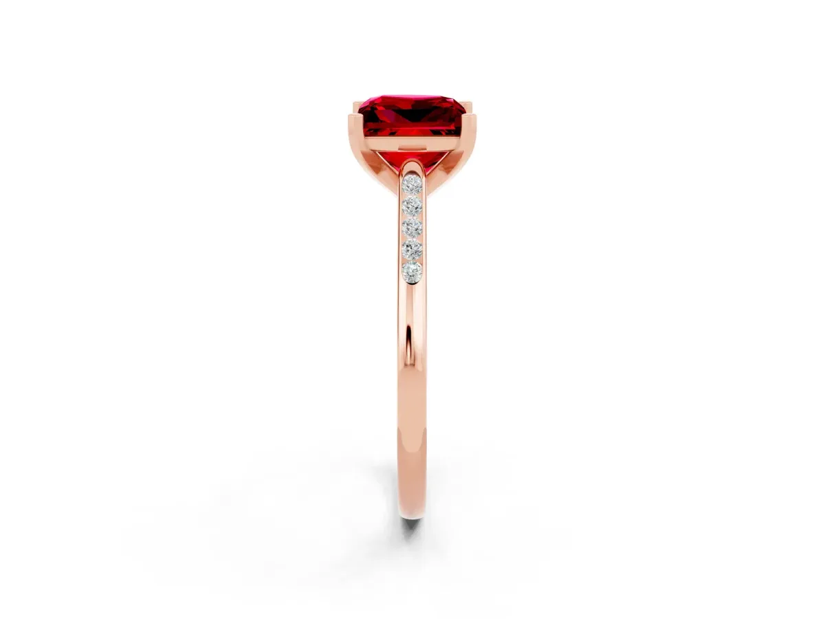 Princess Cut Ruby Solitaire Ring with Channel Set Round Band and Prong Setting Rose gold