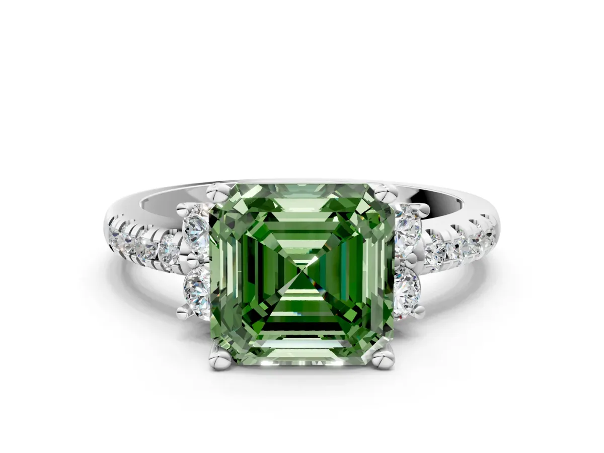 Fancy Green Asscher Cut Diamond Three-Stone Pave Band with Four-Prong Setting Platinum