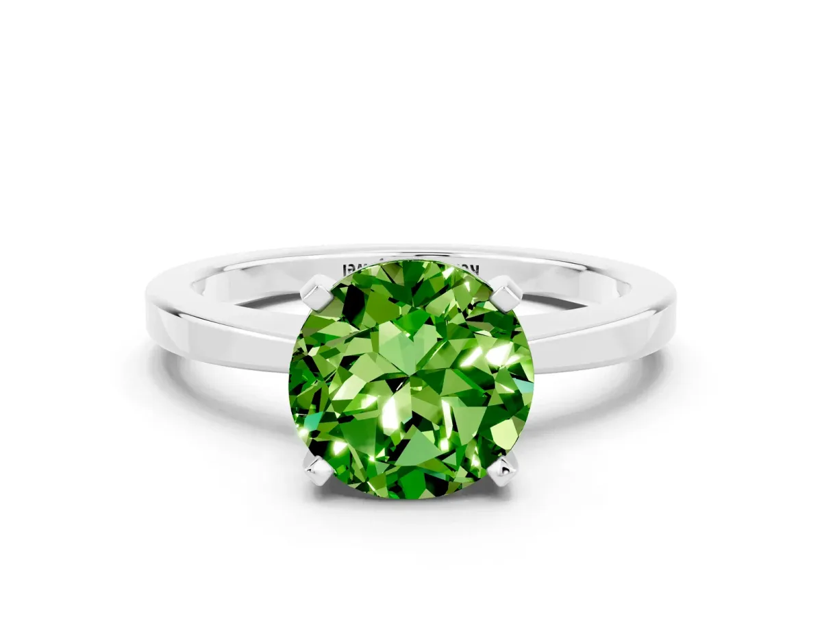 Round Cut Peridot Solitaire Engagement Ring with Classic Band and Four-Prong Setting Silver