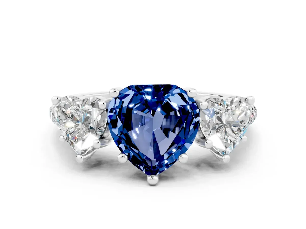 Three-Stone Heart Cut Blue Sapphire Ring with Round Pavé Band and Prong Setting Silver