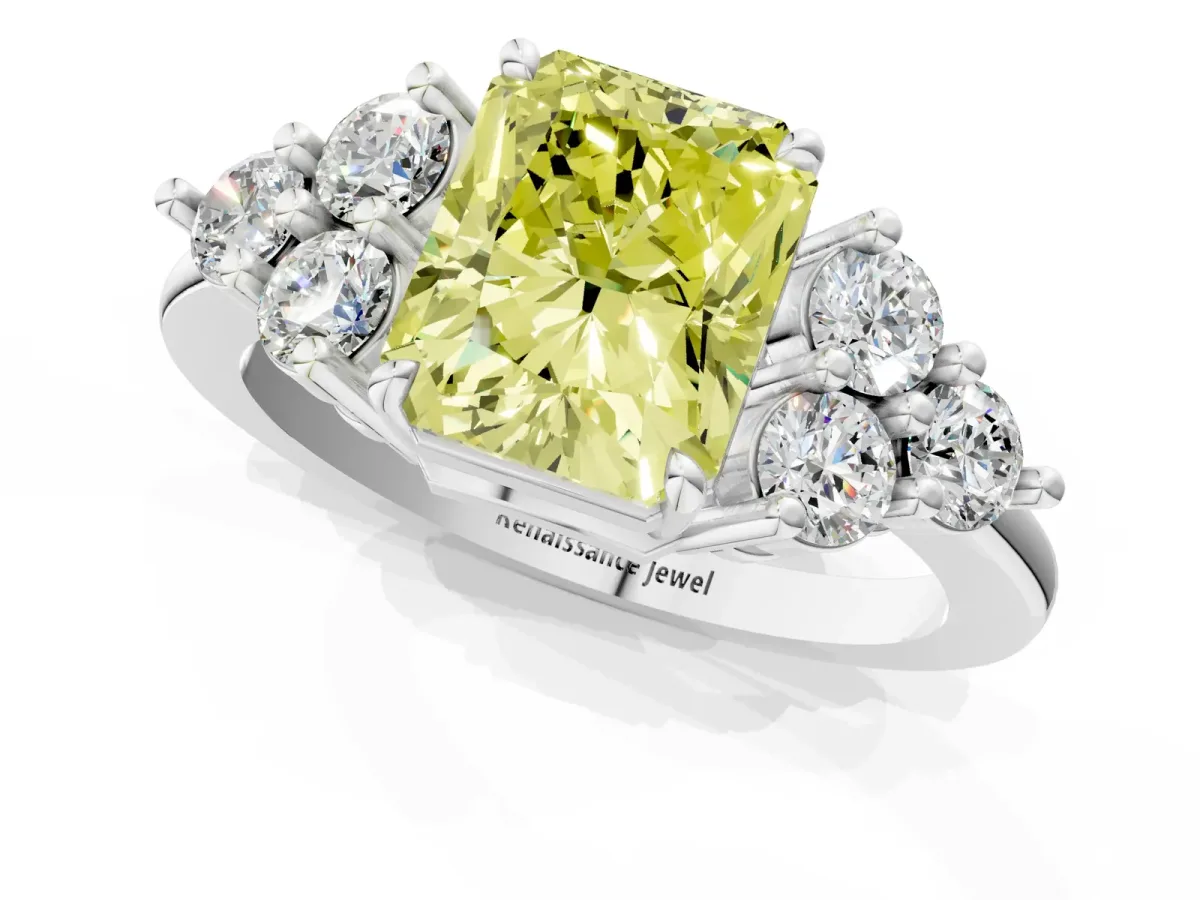Fancy Yellow Radiant Cut Brilliant Diamond Cluster Accent Solitaire Ring with Prong Setting Platinum