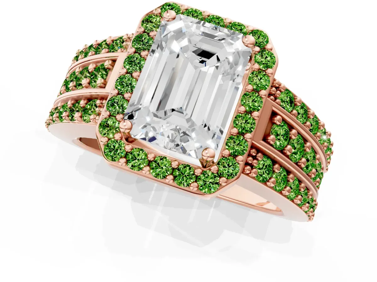 Emerald Cut Halo Diamond Ring with Round Peridot Split Shank and Prong Setting Rose gold