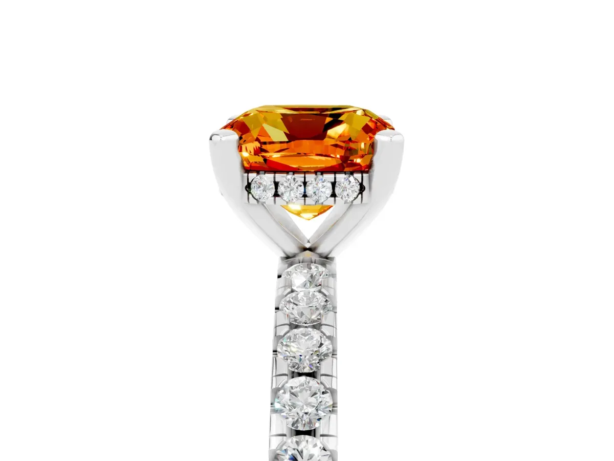 Cushion Cut Citrine Solitaire Ring with Round Pavé Band and Four-Prong Setting Silver