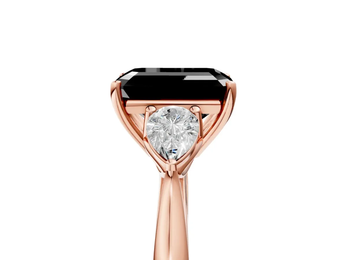 Fancy Black Emerald Cut Diamond Three-Stone Ring with Pear Side Stones and Prong Setting Rose gold