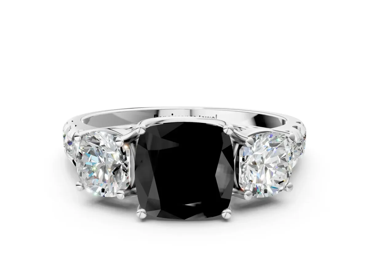Fancy Black Three-Stone Cushion Cut Diamond Pavé Band with Prong Setting Platinum