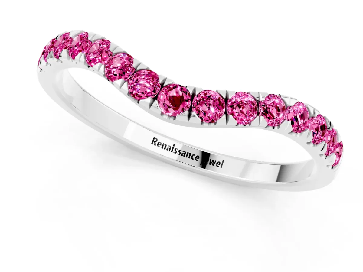 Curved Pavé Round Pink Sapphire Wedding Band with Shared Prong Setting Platinum