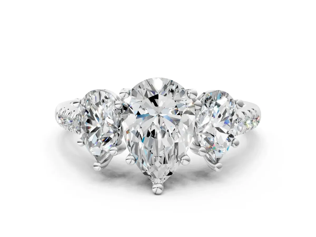 Three-Stone Pear Cut Diamond Ring with Round Pavé Band and Prong Setting White gold
