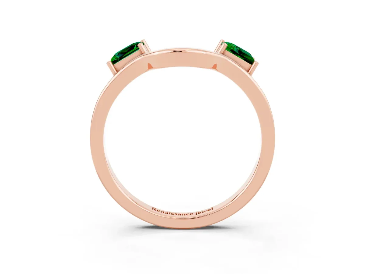 Princess Cut Emerald Two-Stone Open Band Ring with Four-Prong Setting Rose gold