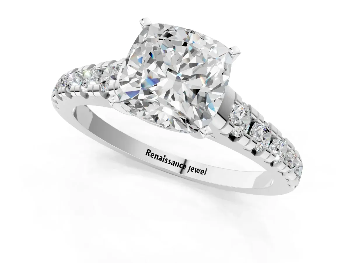 Cushion Cut Diamond Cathedral Solitaire Ring with Round Pavé Band Platinum