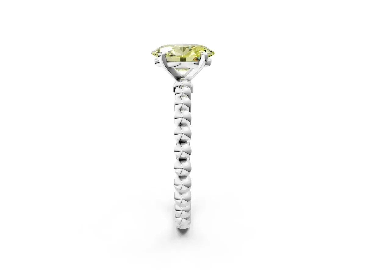 Fancy Yellow Oval Cut Diamond Solitaire Ring with Beaded Band and Prong Setting Silver