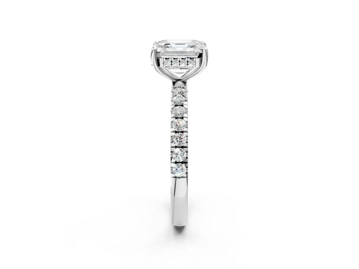 Asscher Cut Diamond Pave Band Solitaire Ring with Round and Prong Setting Silver