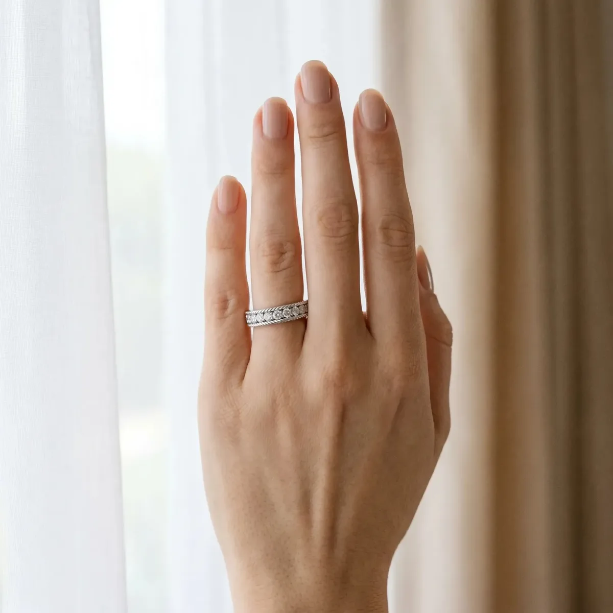 Channel Set Round Diamond Milgrain Edge Band Silver