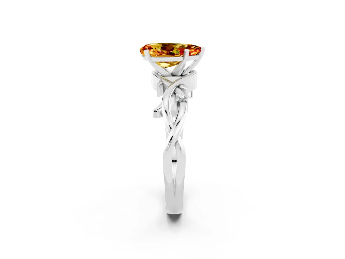 Pear Cut Citrine Solitaire Ring with Twisted Band and Prong Setting Platinum