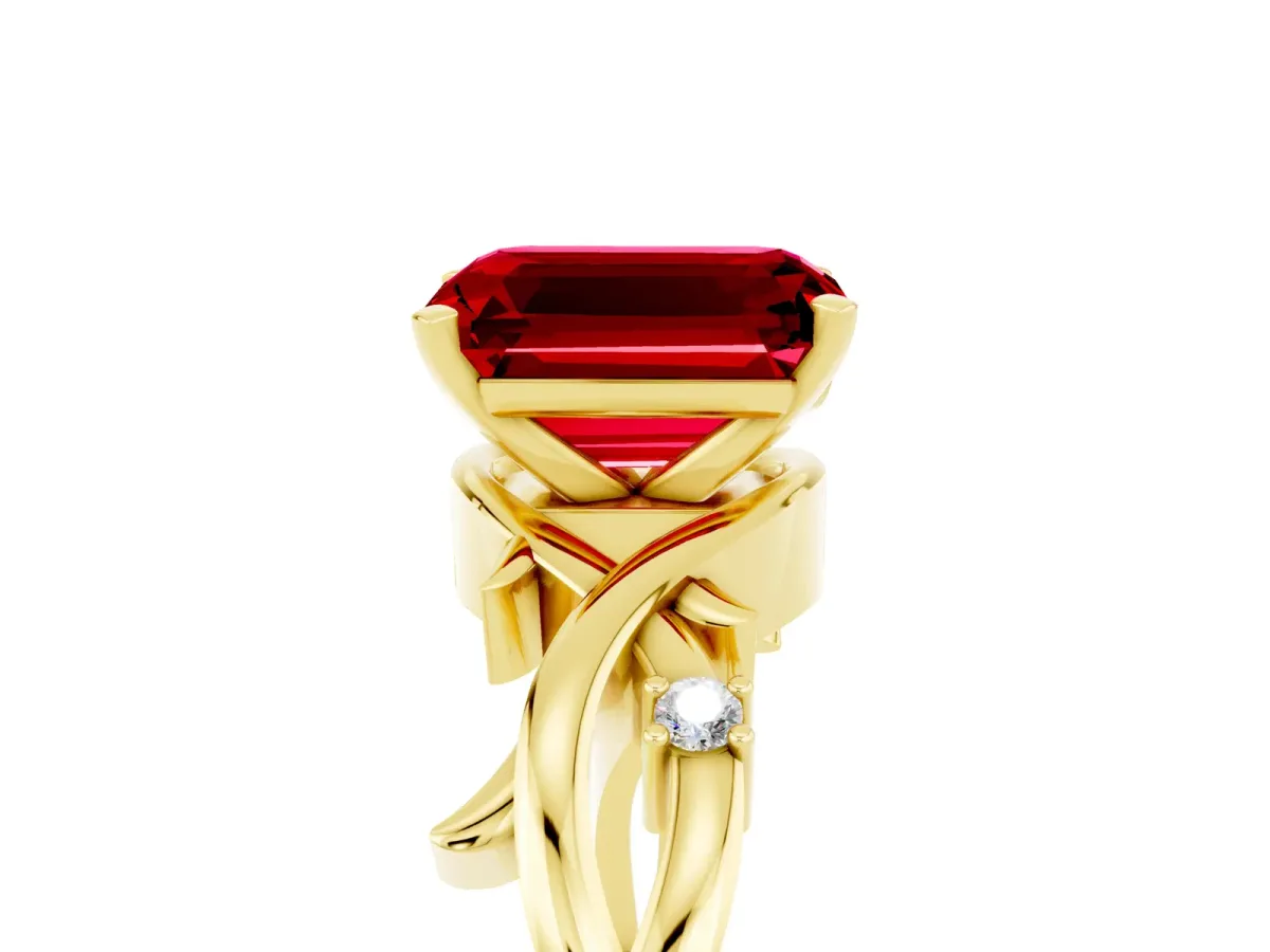 Emerald Cut Ruby Solitaire Ring with Twisted Band and Prong Setting Yellow gold