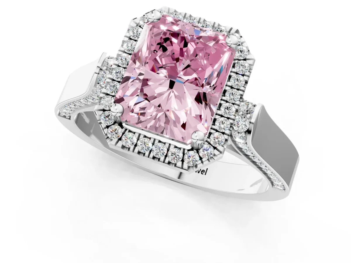 Fancy Pink Radiant Cut Halo Pave Split Shank Prong Setting Ring Platinum