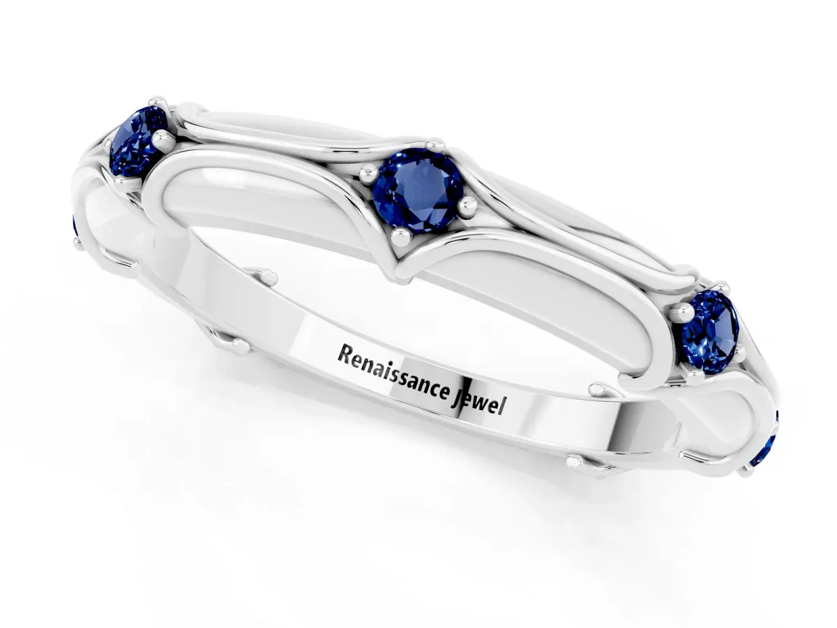 Round Blue Sapphire Prong Set Milgrain Eternity Band Silver