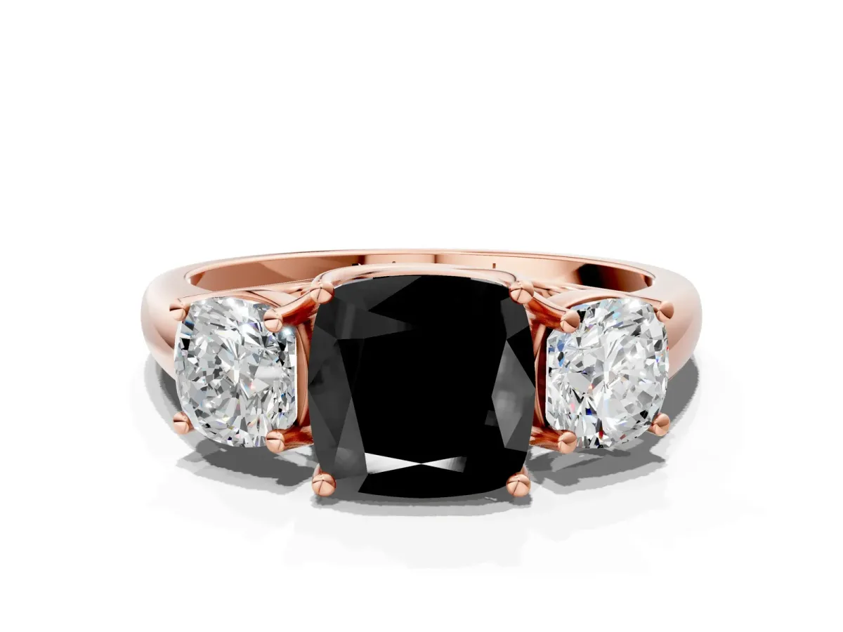 Fancy Black Three-Stone Cushion Cut Diamond Engagement Ring with Prong Setting Rose gold