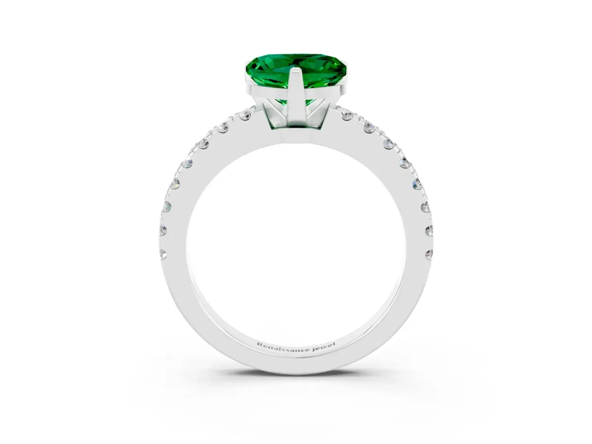 Heart Cut Solitaire Emerald with Pavé Band and Four-Prong Setting Platinum