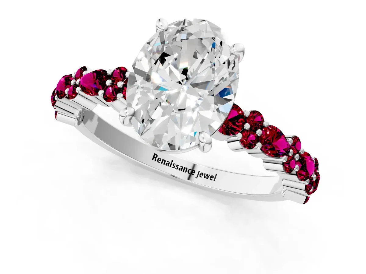 Oval Cut Diamond Side Stone Solitaire Ring with Round Garnet and Four-Prong Setting Silver