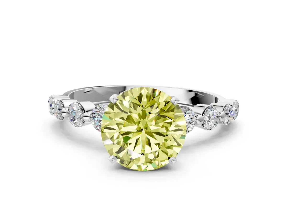 Fancy Yellow Round Cut Solitaire Diamond Ring with Pave Band and Four-Prong Setting Platinum