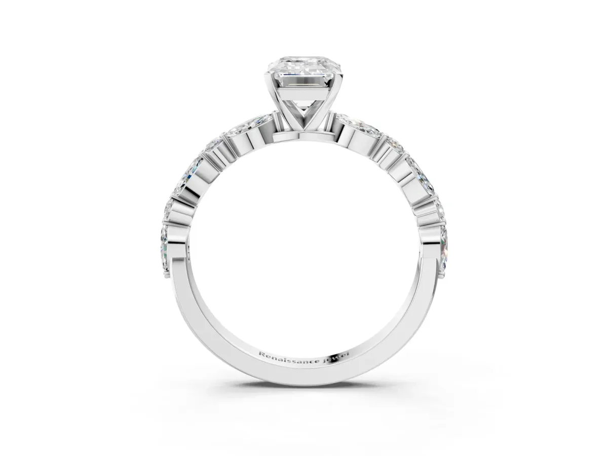 Emerald Cut Diamond Ring with Marquise and Round Side Stones and Four-Prong Setting Silver