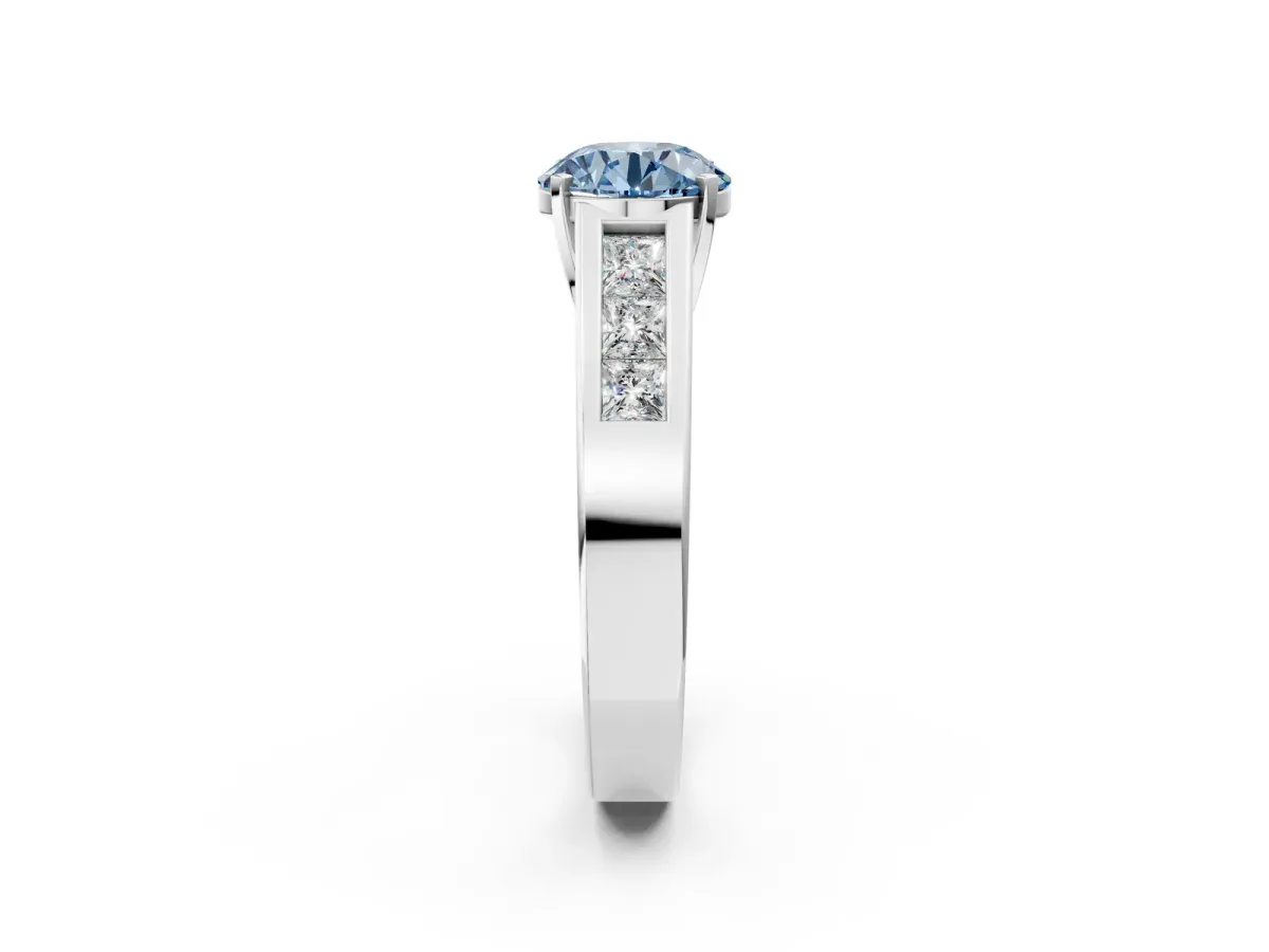 Fancy Blue Round Cut Cut Channel Set Solitaire Ring with Four-Prong Setting Platinum