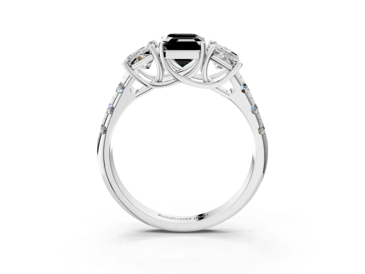 Fancy Black Three-Stone Emerald Cut Diamond Pavé Band with Prong Setting Platinum
