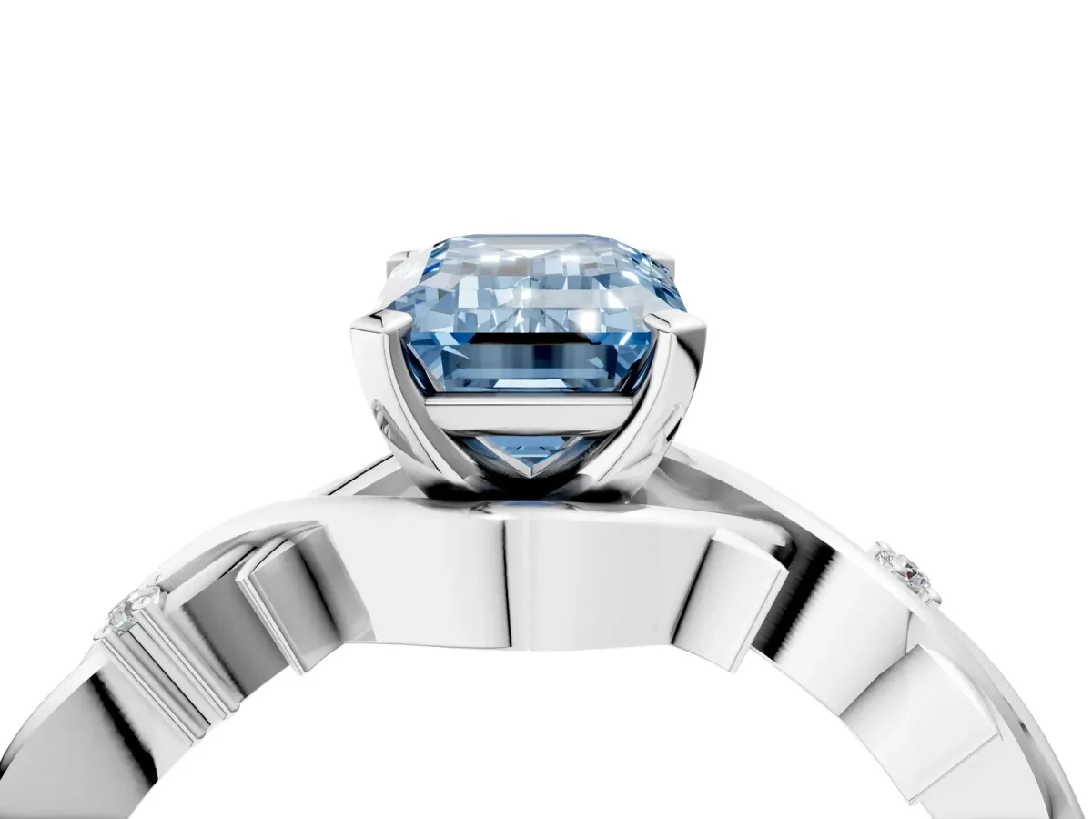 Fancy Blue Emerald Cut Diamond Solitaire Ring with Twisted Band and Prong Setting Silver