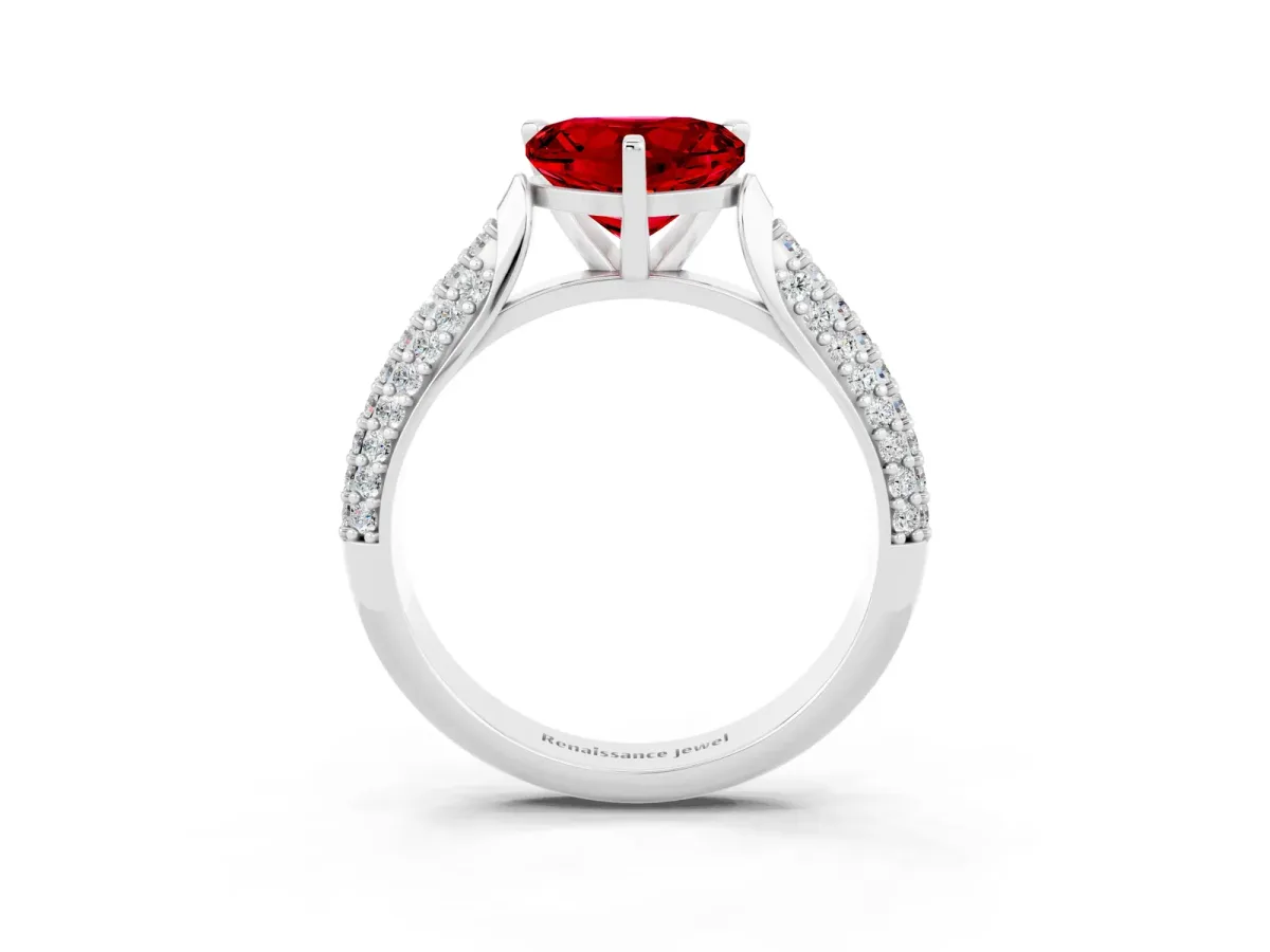 Heart Cut Ruby Solitaire Engagement Ring with Multi-Row Round Pavé Band and Prong Setting Platinum