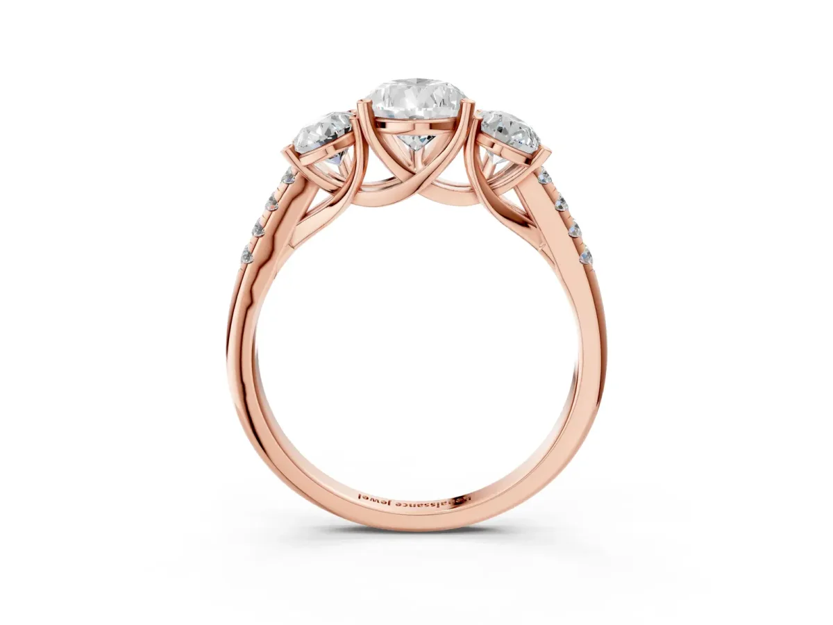 Three-Stone Pear Cut Diamond Ring with Round Pavé Band and Prong Setting Rose gold
