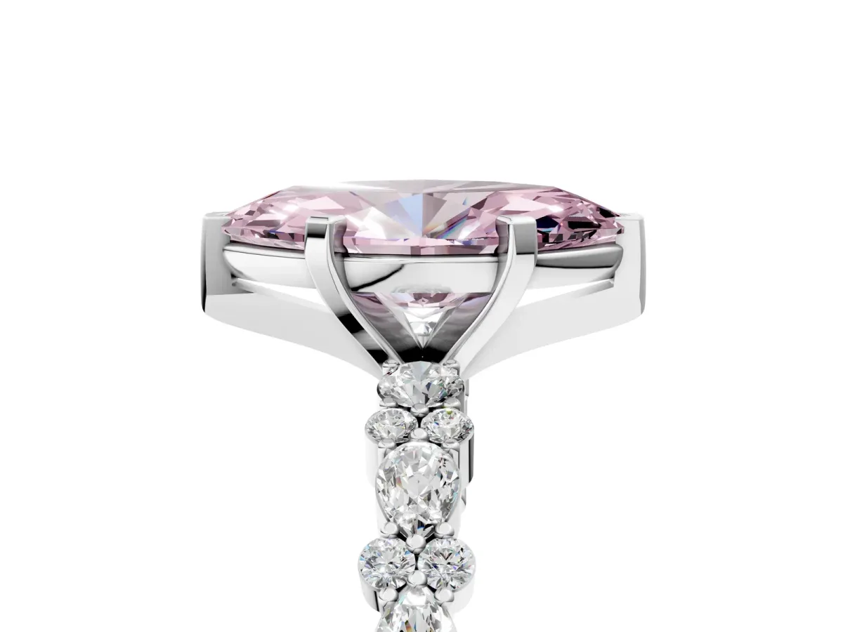 Fancy Pink Marquise Cut Diamond Side Stone Solitaire Ring with Round and Four-Prong Setting Silver