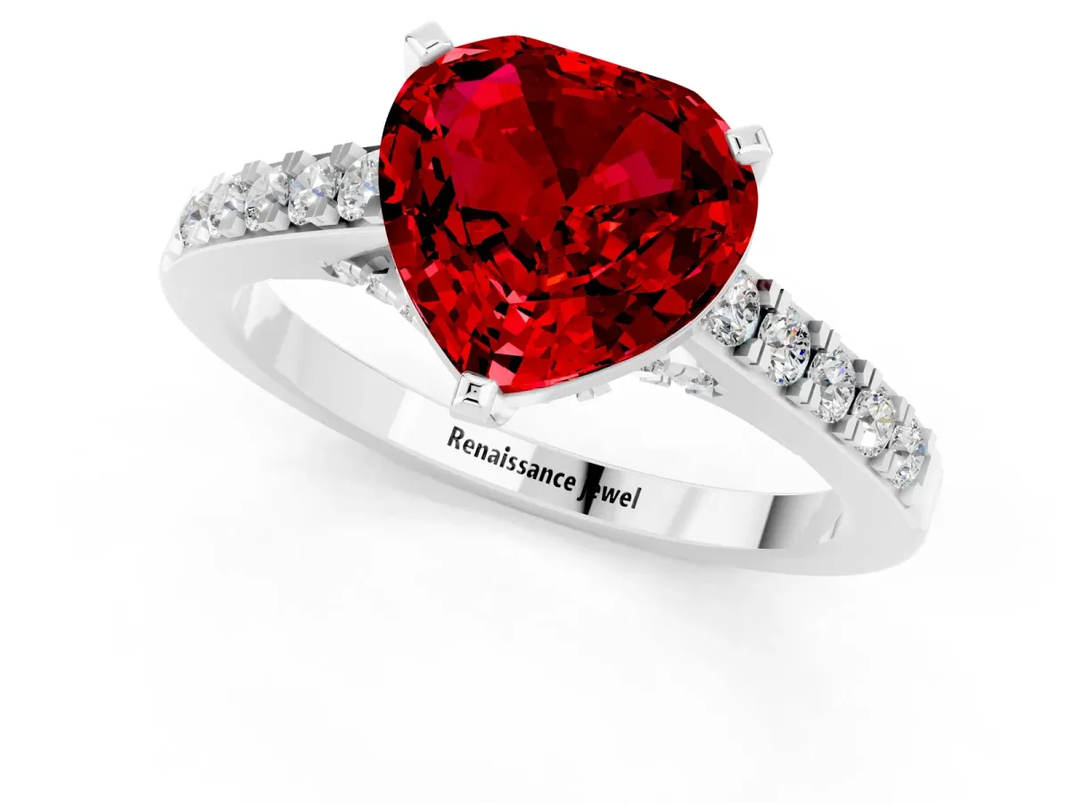 Heart Cut Ruby Solitaire Ring with Crossover Gallery and Round Pavé Band Silver