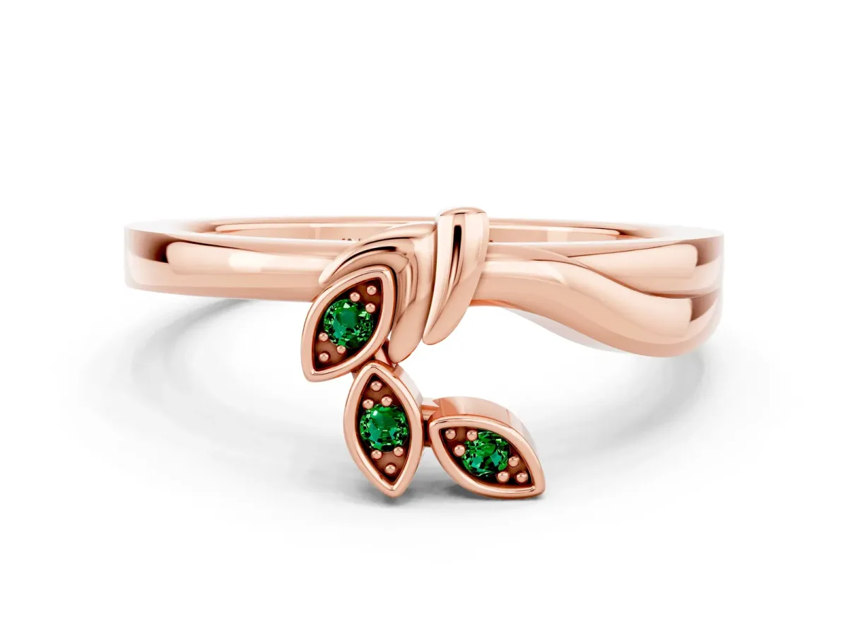 Three-Stone Round Emerald Leaf Bypass Ring with Bezel Setting Rose gold