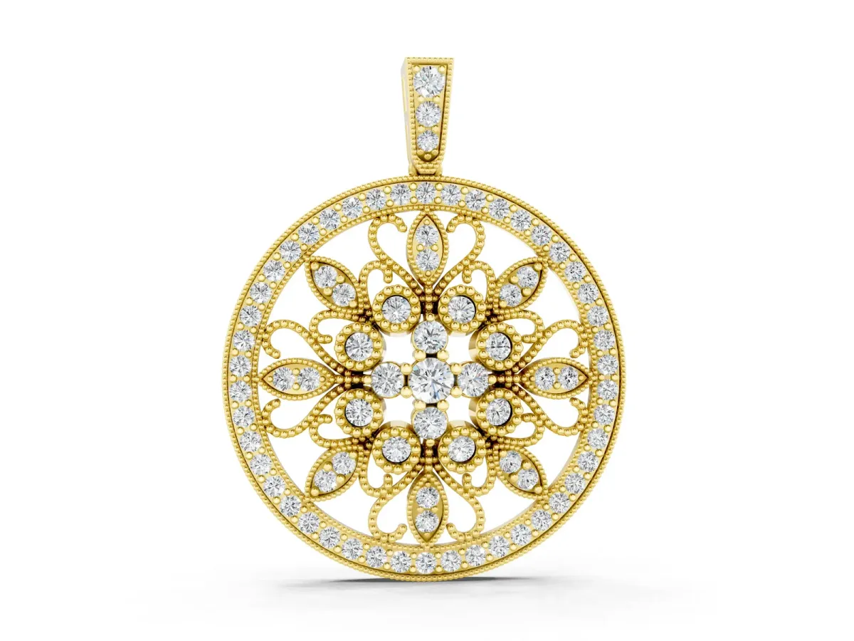 Round Pavé Diamond Filigree Pendant Yellow gold