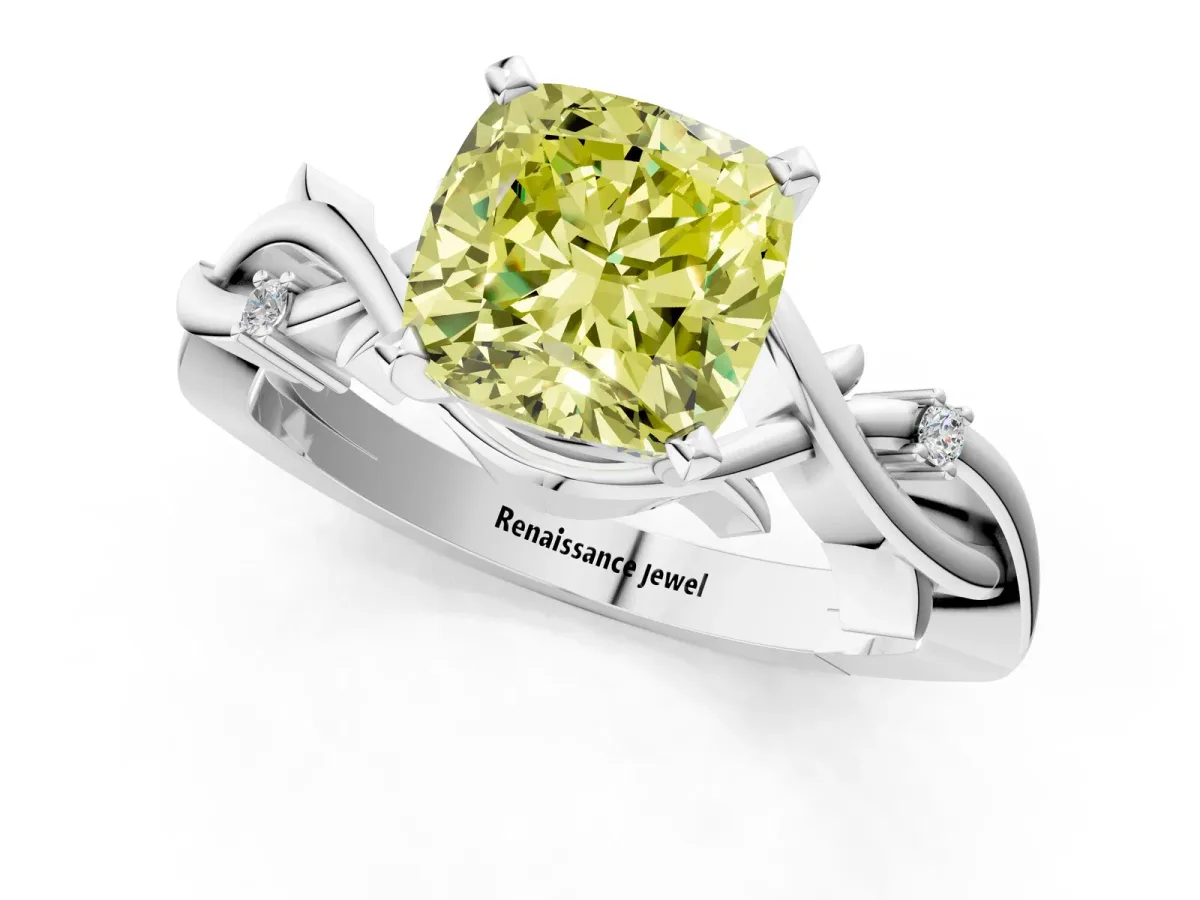 Fancy Yellow Cushion Cut Diamond Solitaire Ring with Twisted Band and Prong Setting Platinum