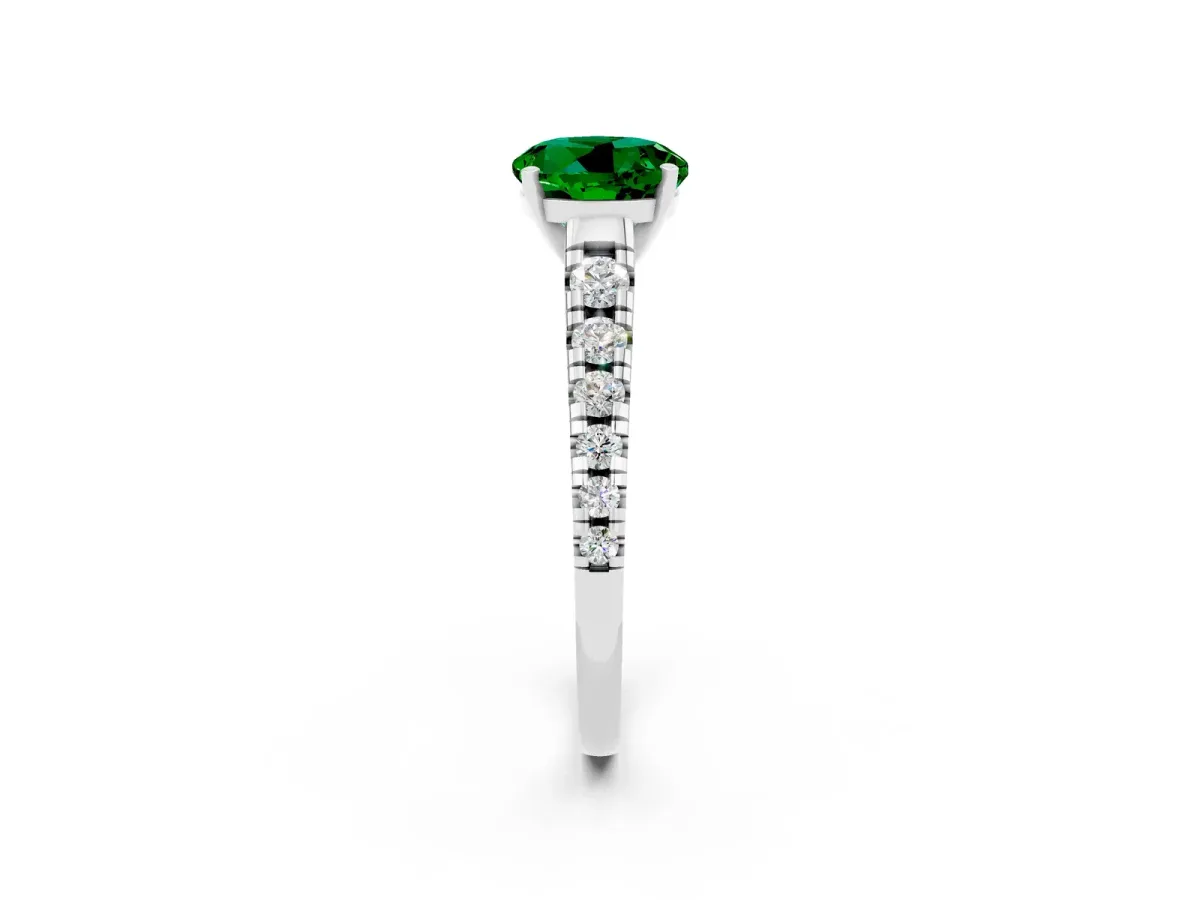 Round Cut Emerald Cathedral Solitaire Ring with Round Pavé Band Platinum
