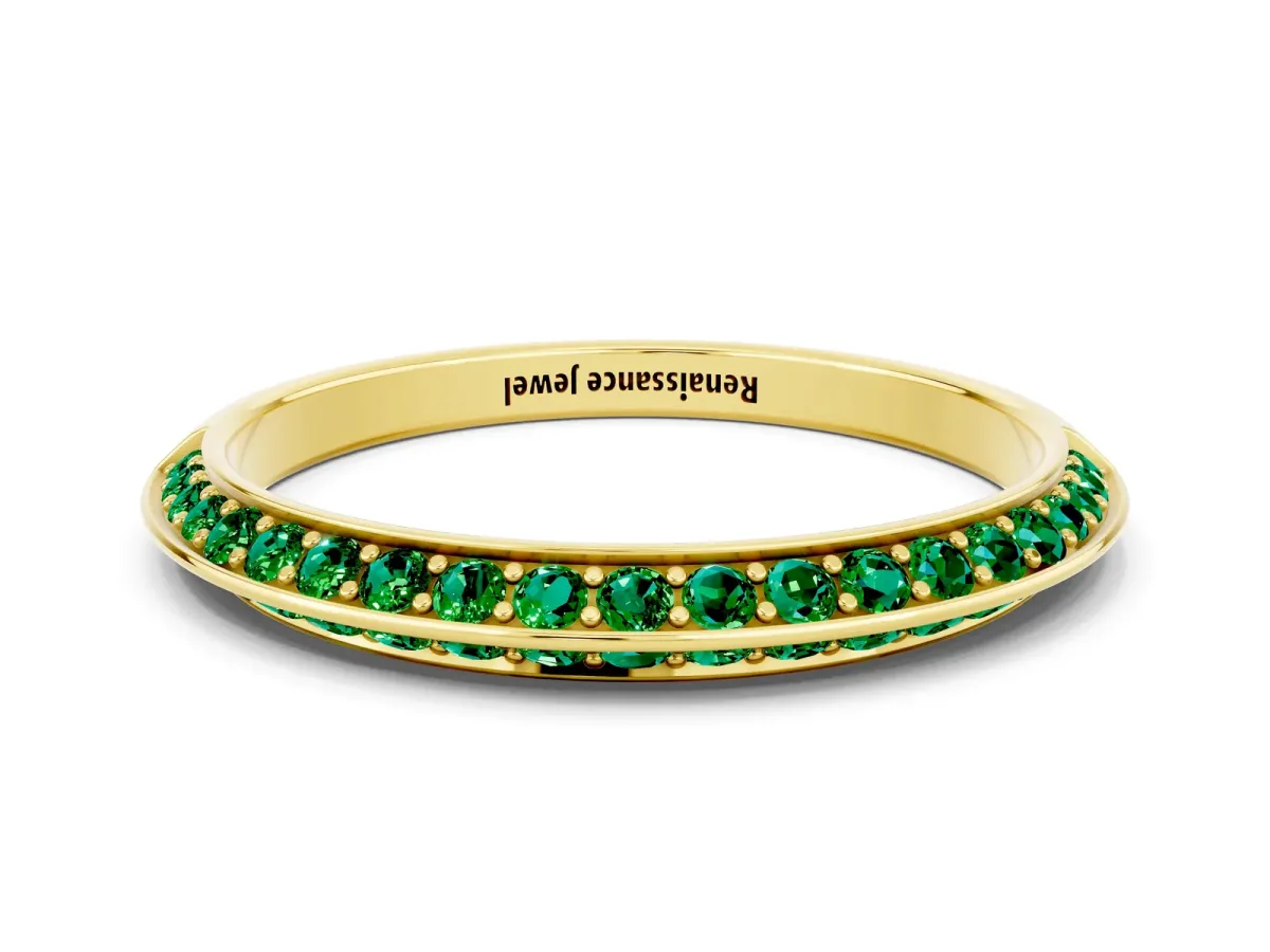 Double Row Pavé Round Emerald Eternity Band with Channel Setting Yellow gold