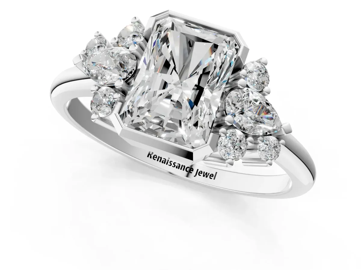 Radiant Diamond Engagement Ring with Pear and Round Side Stones Platinum