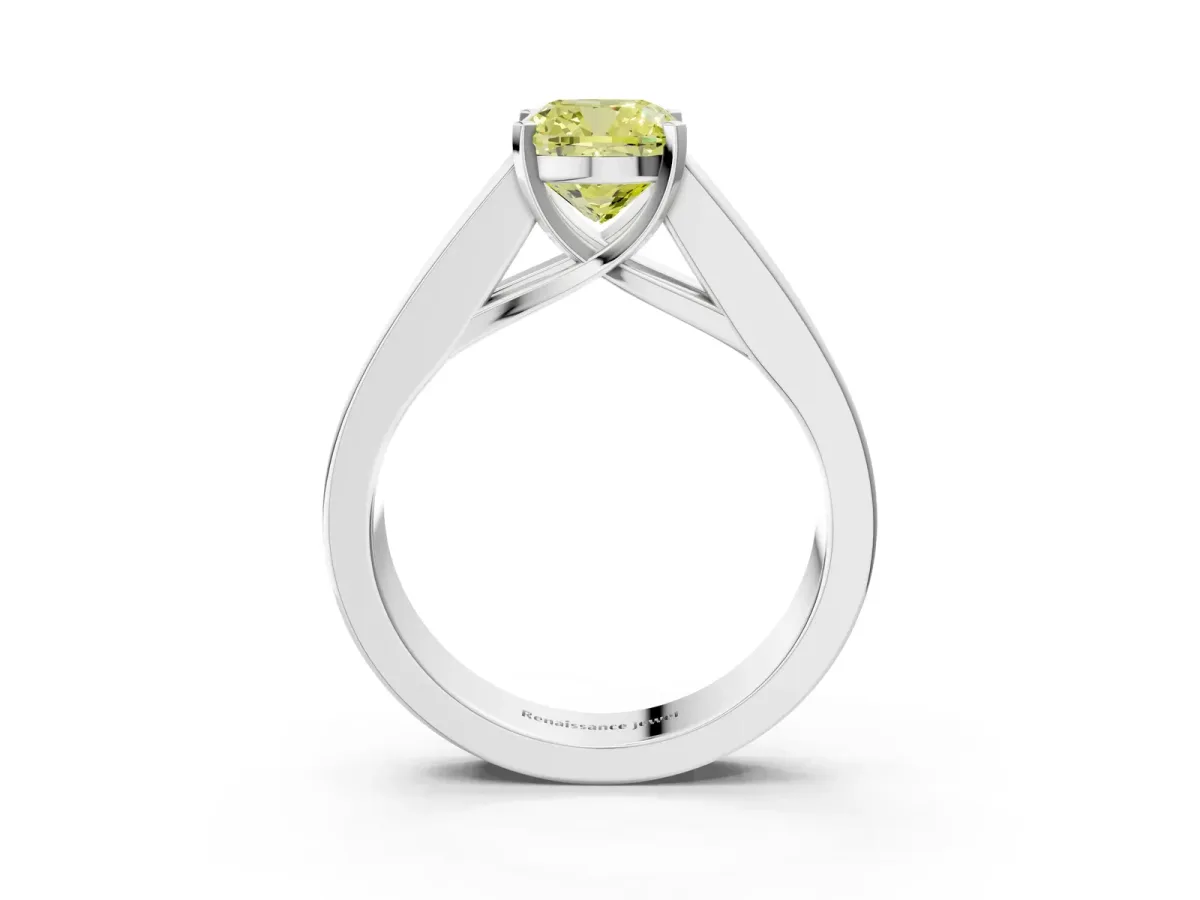 Fancy Yellow Cushion Cut Cut Channel Set Solitaire Ring with Four-Prong Setting White gold