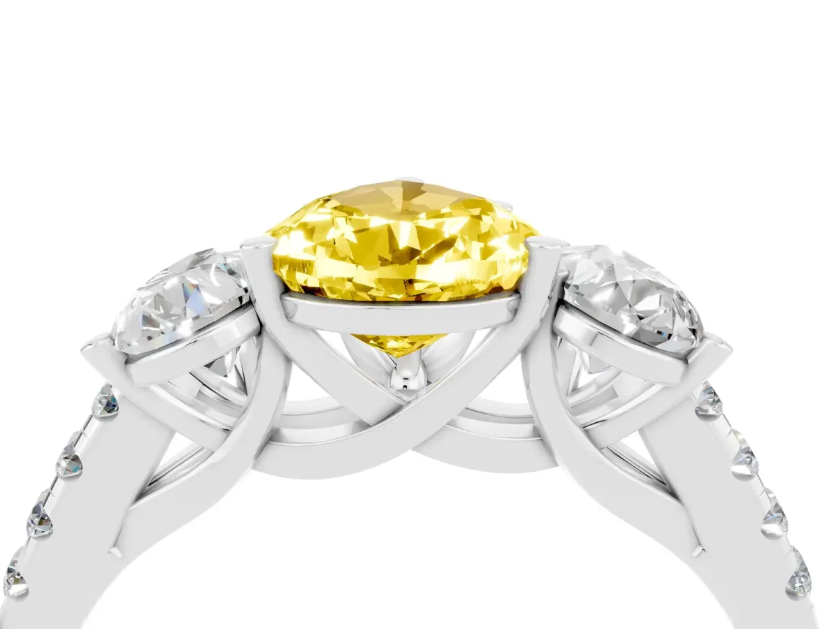 Three-Stone Pear Cut Yellow Sapphire Ring with Round Pavé Band and Prong Setting Silver