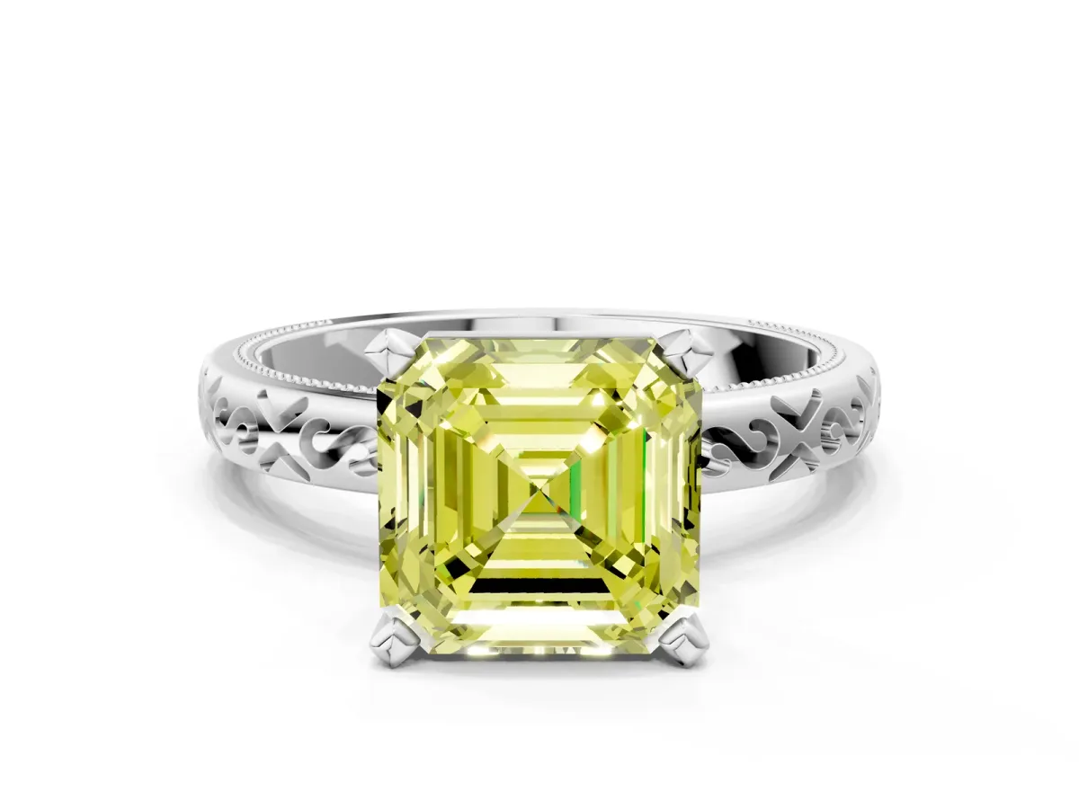 Fancy Yellow Asscher Cut Solitaire Engagement Ring with Scrollwork Band and Four-Prong Setting Platinum