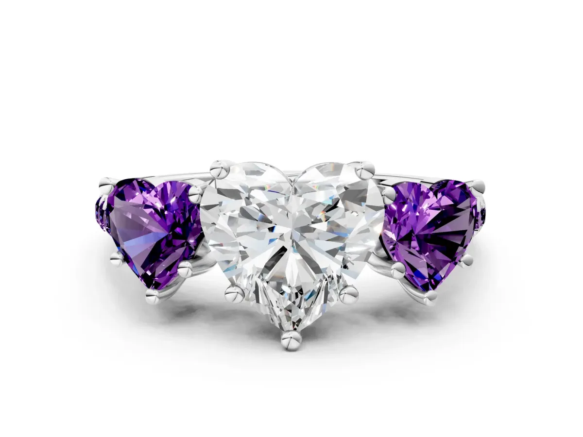 Three-Stone Heart Cut Diamond Ring with Round Amethyst Pavé Band and Prong Setting Silver