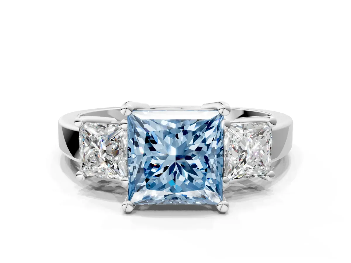 Fancy Blue Three-Stone Princess Cut Cut Solitaire Ring with Prong Setting Platinum