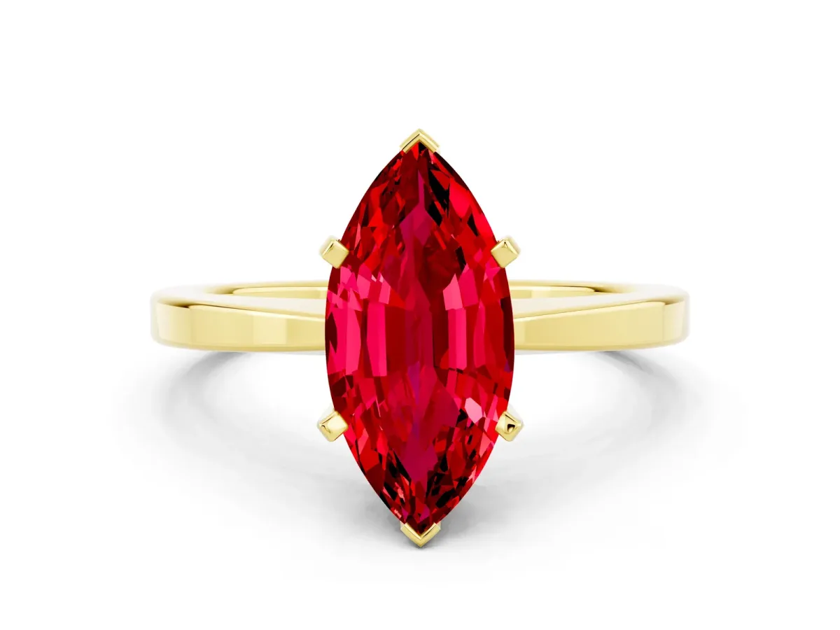 Marquise Cut Ruby Solitaire Engagement Ring with Classic Band and Four-Prong Setting Yellow gold