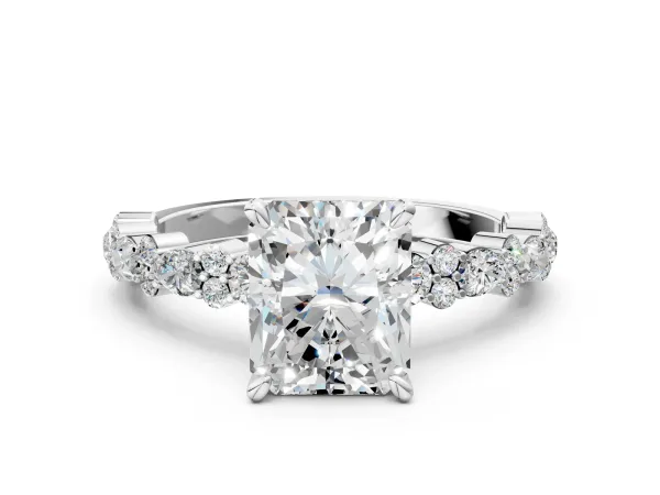 Radiant Cut Diamond Side Stone Solitaire Ring with Round Moissanite and Four-Prong Setting Platinum