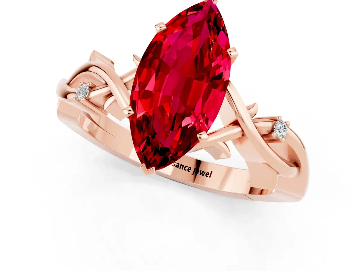 Marquise Cut Ruby Solitaire Ring with Twisted Band and Prong Setting Rose gold